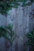 Wooden background with branches and cranberries
