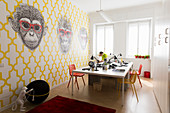 Decorative wallpaper with ape motif in office