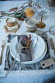 Festive place setting with place mat made from tree bark
