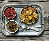 Asian eggplants with beet curry and potatoes