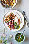 Roast chicken with brown-butter basted radishes and asparagus with salsa verde