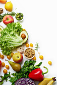 Healthy raw organic vegetables, herbs, sprouts and fruits
