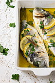 Bream from the oven baked in white wine, lemon and olive oil