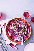 Purple salad with red cabbage, radichio , radish, red onion with mustard dressing and parsley (vegan, vegeterian)