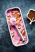 Lingonberry ice cream with salted caramel