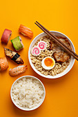 Japanese dishes set: Soup ramen, boiled rice, sushi