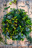 Mixed wreath of pine, spruce, mistletoe, and clematis
