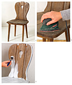 Instructions for sanding and renovating an old farmhouse chair in shabby-chic style