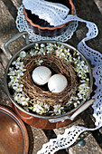 Easter eggs in wreath with blackthorn blossom