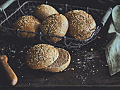Wholemeal burger buns with sesame seeds