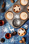 Overhead view of Mince Pies in Vintage Baking Tins