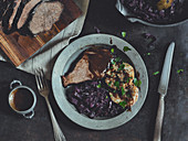 Burgundy roast beef with red cabbage and dumplings