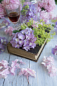 Hortensienblüten und Frauenmantel auf Buch und Glas mit Himbeerlikör