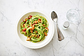 Spaghetti with zoodles and spinach pesto