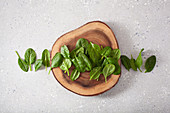 Fresh baby spinach on a slice of log on a grey surface