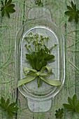 Posy of sweet woodruff flowers tied with green ribbon on glass plate