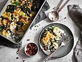 Potato gratin with bacon and spinach