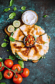 Spinach quesadillas with spicy salsa