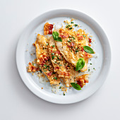 Plaice fillets with bacon and basil crumbs