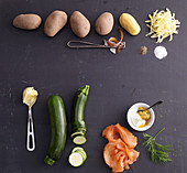 Ingredients for zucchini röstis with smoked salmon