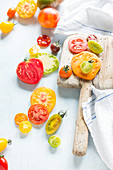 Tomato still life with different colored tomato slices