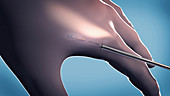 Microchip implanted in human hand, illustration