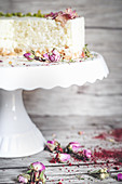 No bake milk rice cake with rose petals