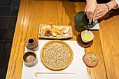 Soba noodles, prawn tempura and tea