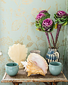Arrangement of ornamental cabbages, seashells and beakers