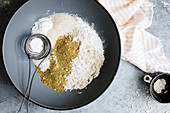 Oat, sweet rice, and tapioca flour in a mixing bowl, to prepare a gluten free recipe