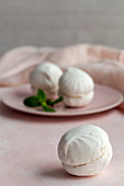 Homemade white Zefir traditional russian dessert with mint on pink background