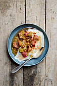 Semolina pudding with dates and rhubarb compote