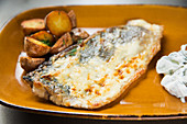 Ceramic plate with portion of yummy grilled fish and small potatoes