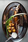 Yummy roasted fish and potatoes served with ripe scallion and cream sauce on metal plate