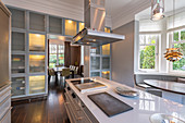 Long island counter and floor-to-ceiling frosted-glass cupboards in elegant kitchen