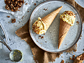 Rice pudding ice cream in cones