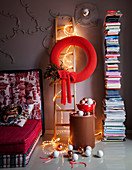 Red, crocheted wreath as interior Christmas decoration