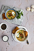 Creamy mushroom soup with baked bread and fresh parsley