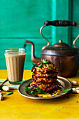 Onion baji (Indian onion fritters) and chai tea