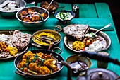 Indian food with dahl, vegetarian curries and chapati