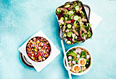Speedy salads - Curried mango and chickpea pot, Scandi beetroot and salmon pasta, Miso broccoli, egg and quinoa salad