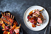 Saddle of lamb with potatoes and red onions
