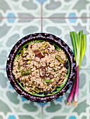 Asparagus and mushroom risotto with smoked tofu