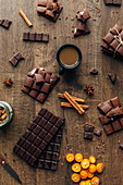 Various types of chocolate, bars and pieces