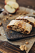 Apple strudel with nuts and raisins