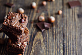 Homemade brownie squares made with chocolate cream and hazelnuts