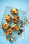 Sweet yeast dough babka buns with dark chcocolate filling