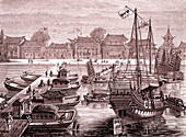 Tianjin harbour, China, 19th century illustration