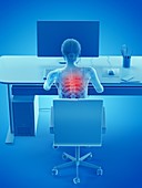 Woman with a painful back while working, illustration