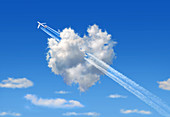 Aeroplane flying through heart-shaped cloud, illustration